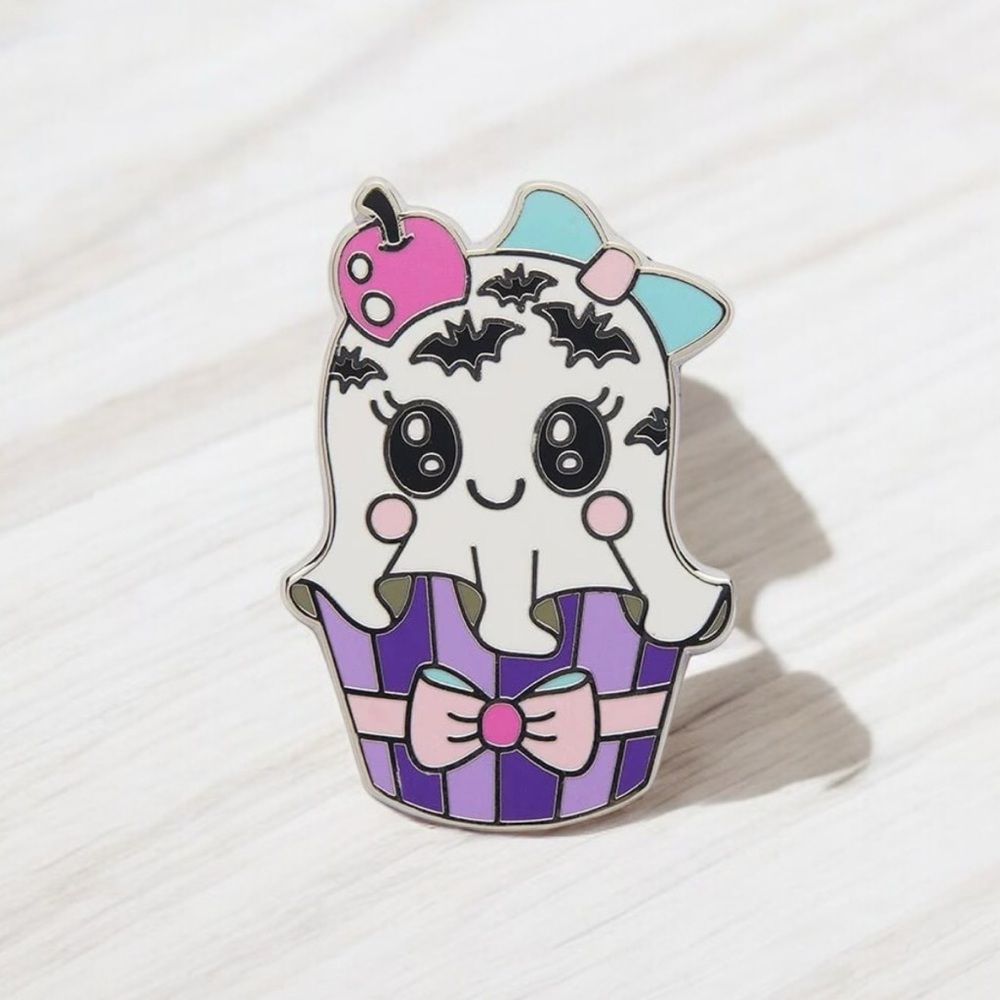 Erstwilder w Mimsy With a Scary On Top! Enamel Lapel Pin Ghost on Cupcake